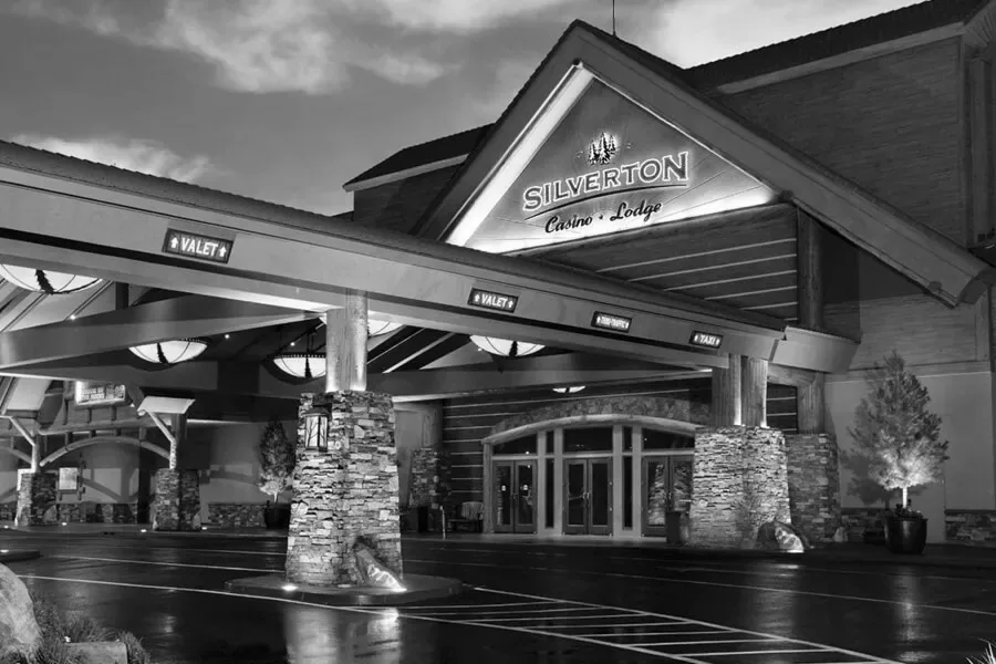 The lit entrance canopy of Silverton Casino Hotel, Las Vegas, home of the Veil Pavilion